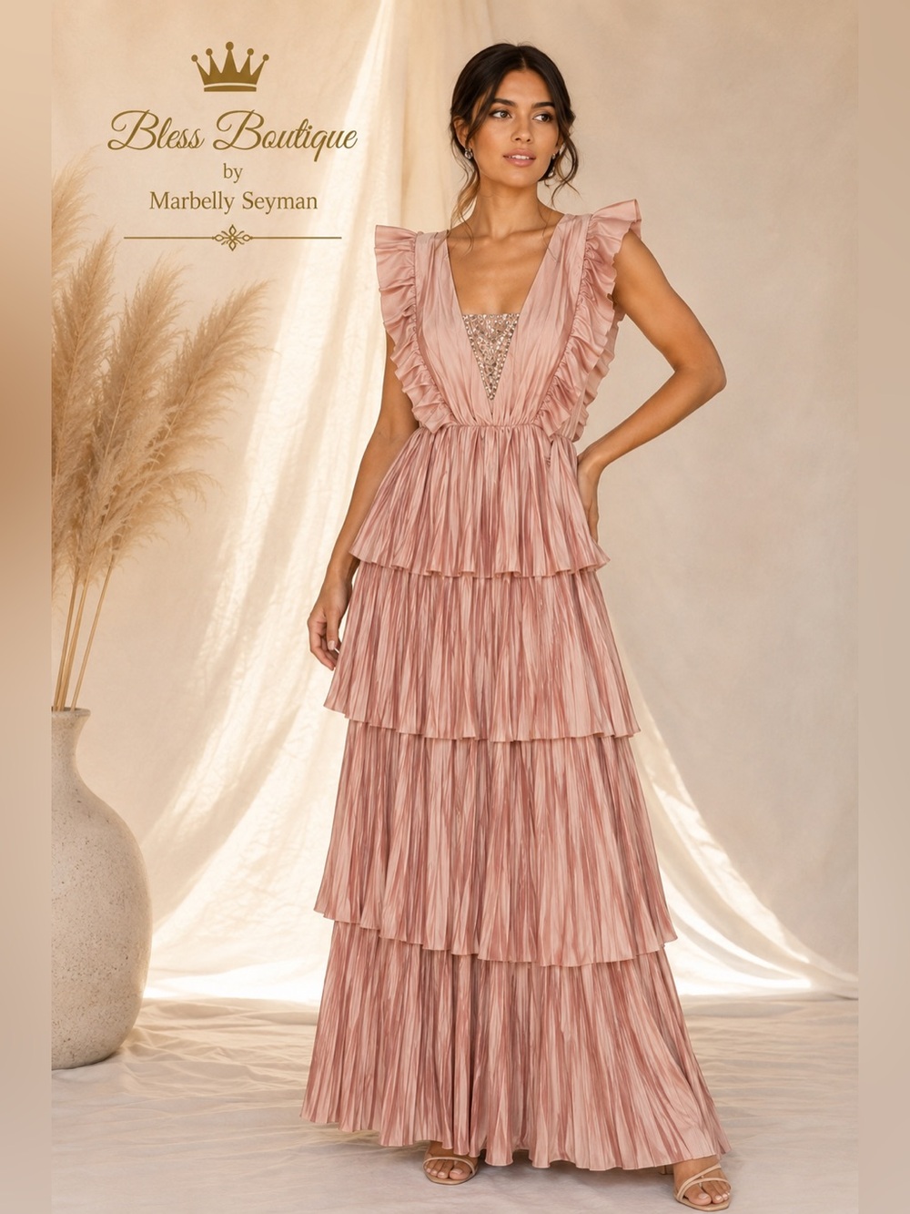 Strut & Bolt Blush Pink Pleated Tiered Ruffle Maxi Dress Sequin Detail L